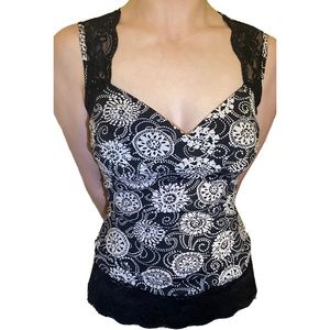 Lace Trim Sweetheart Neck Goth Funky Print Top